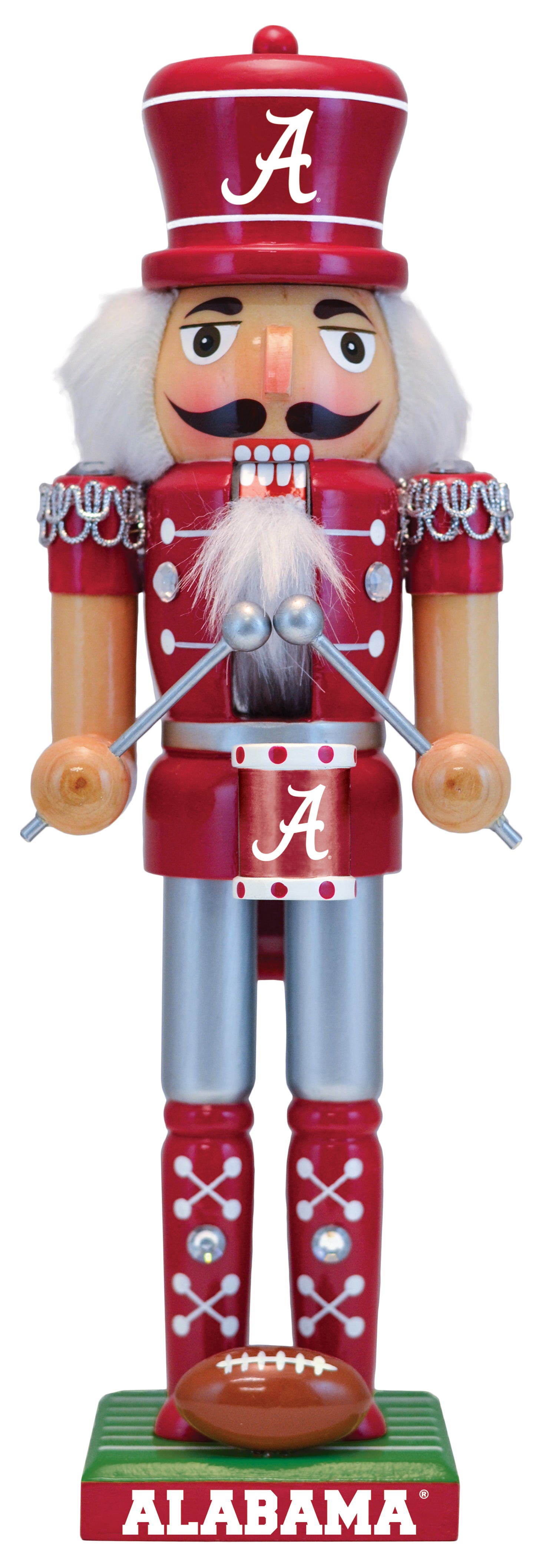 Wooden nutcracker figurine with Alabama logo on a white background