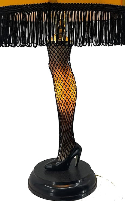 A lamp featuring a fishnet leg and a sleek black shade, designed in a playful and unique style.
