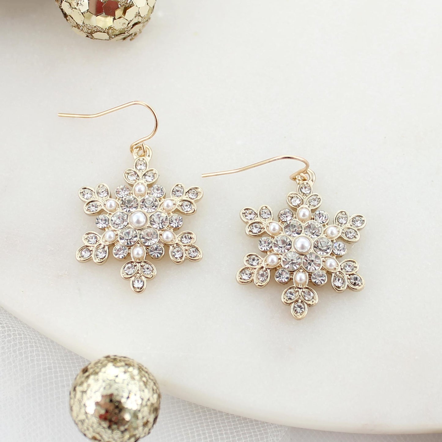 Gold Pearl & Crystal Snowflake Earrings