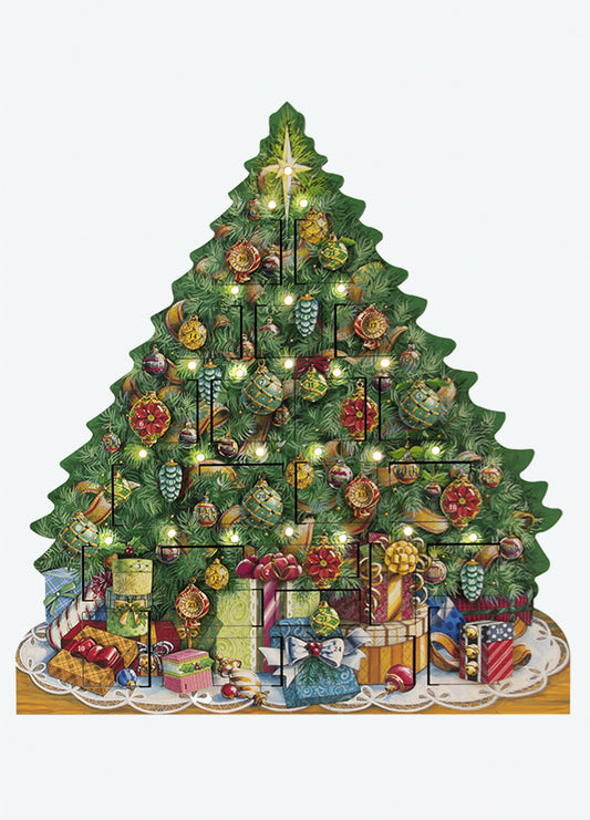 A musical tree advent calendar with lights, blending traditional holiday countdown with coastal Christmas spirit
