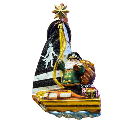 A Christmas ornament featuring a pirate on a boat, themed Santa's matey Shrimpfest.