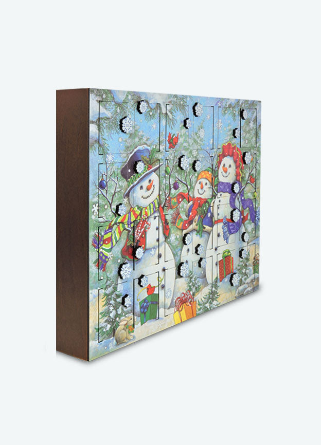 A festive wooden box with a snowman and two birds, perfect for an Advent calendar.