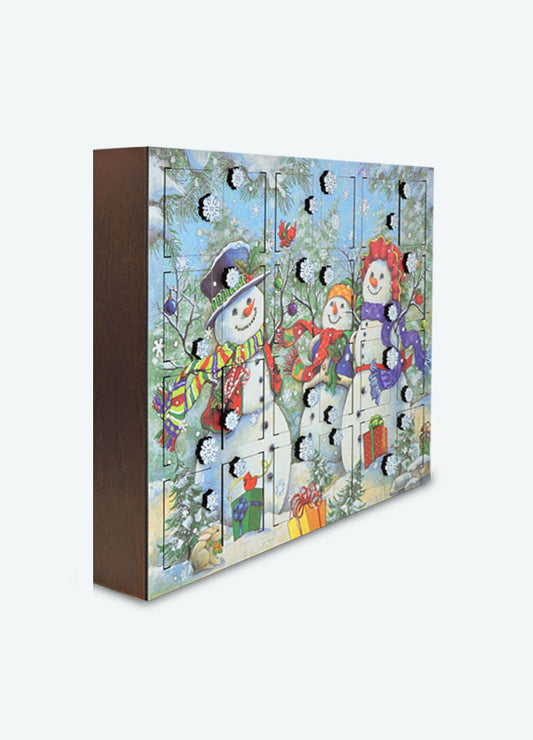 A festive wooden box with a snowman and two birds, perfect for an Advent calendar.
